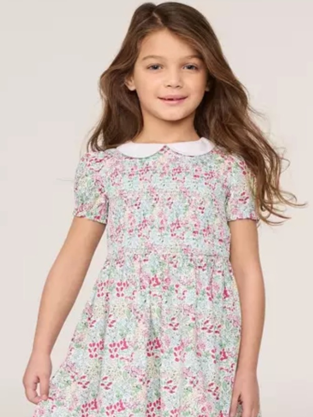 Janie and Jack Floral Smocked Dress in Pink and Green with Peter Pan Collar